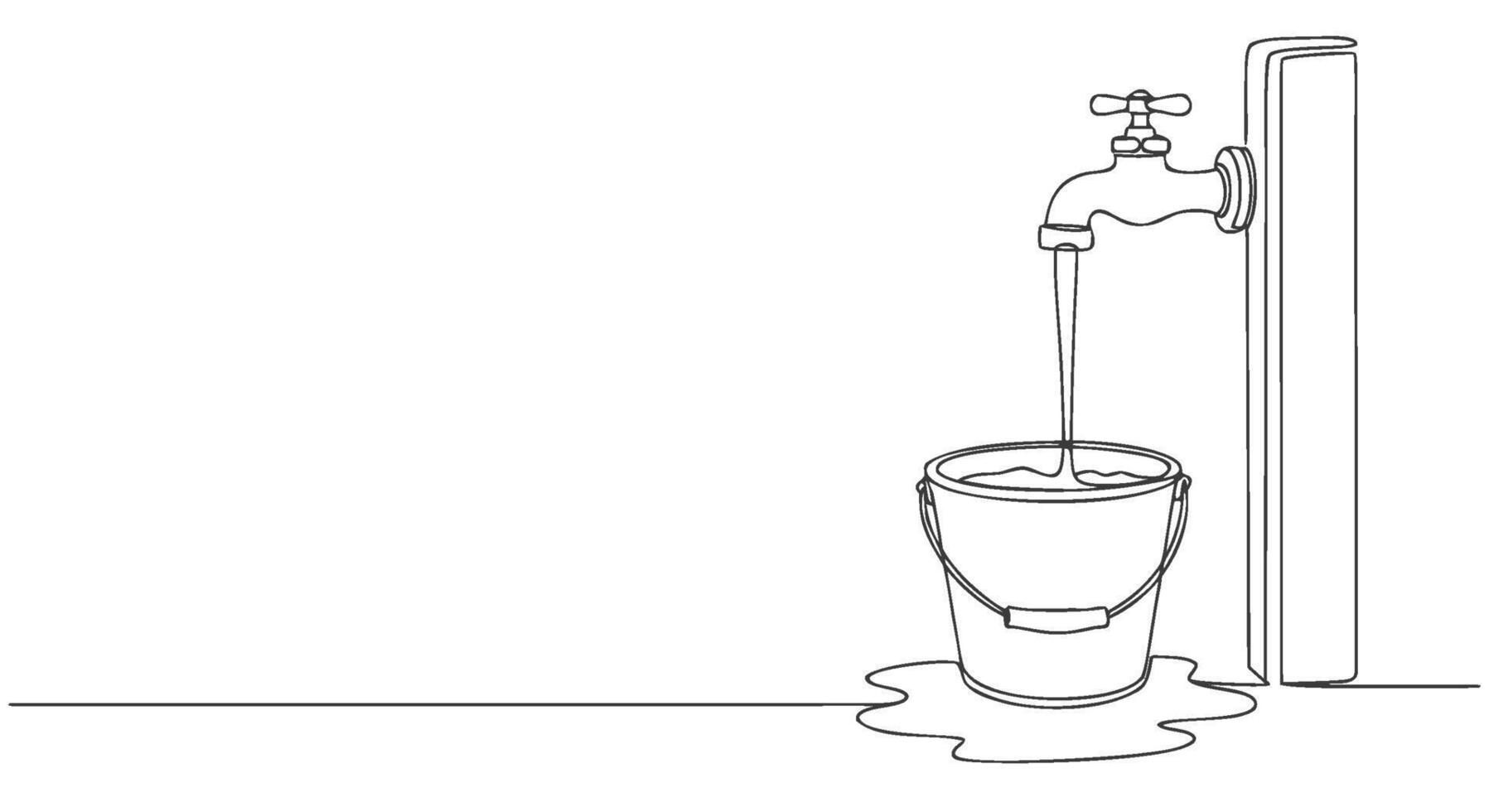 Minimalist continuous line drawing portraying a water tap filling a bucket, illustrating essential resource usage and conservation vector
