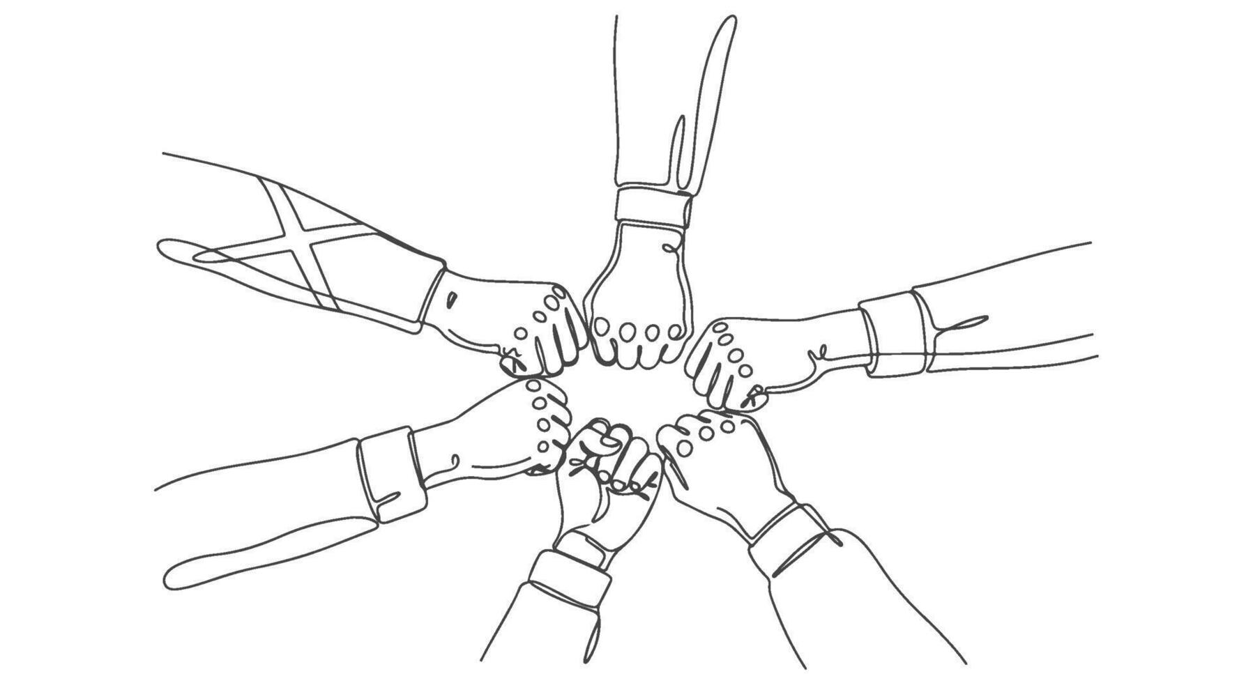 Continuous line art illustration of hands in a fist bump circle, symbolizing teamwork and unity, single line drawing vector
