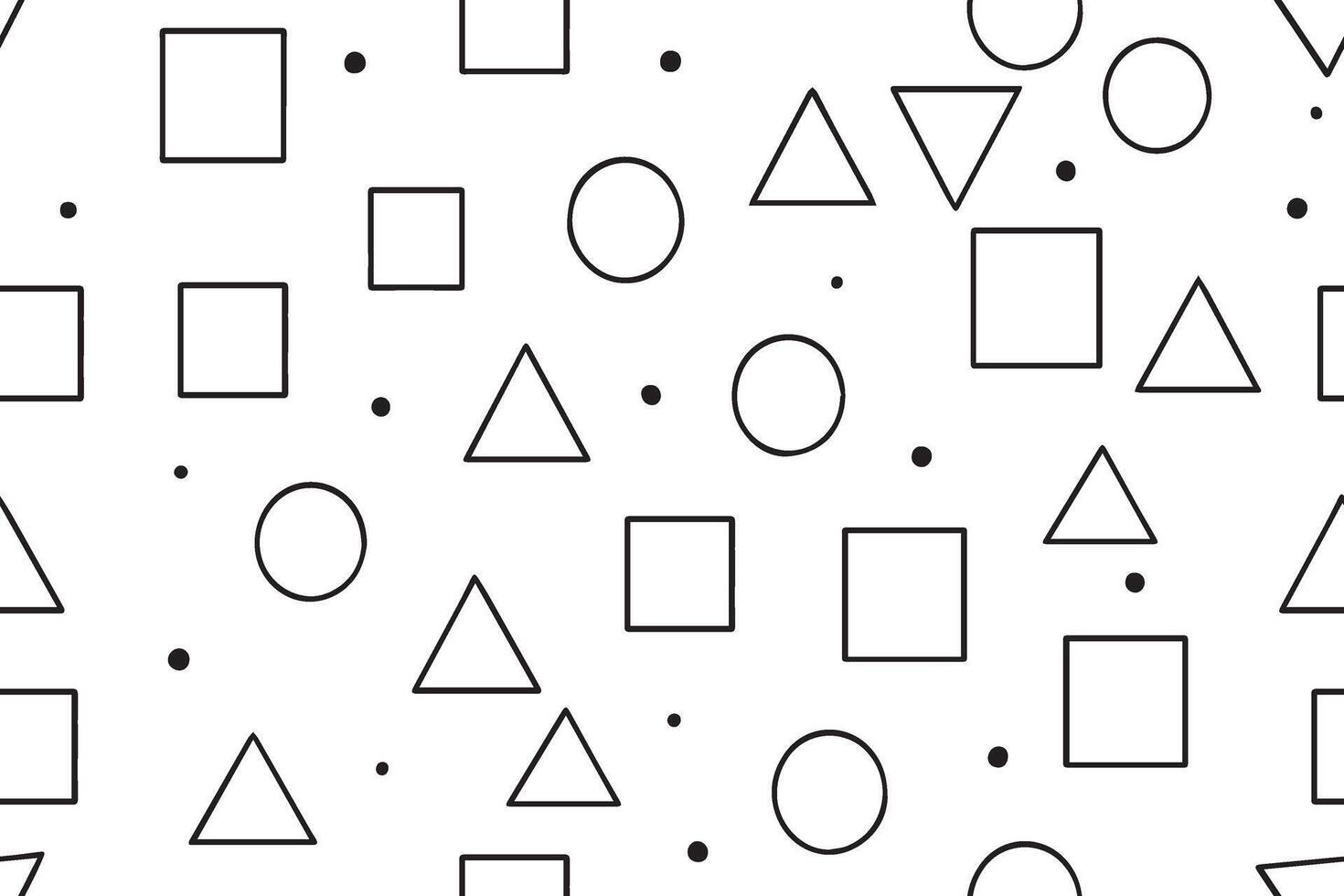 A repeating pattern of simple geometric shapes including squares triangles and ovals with small dots scattered across a white background vector