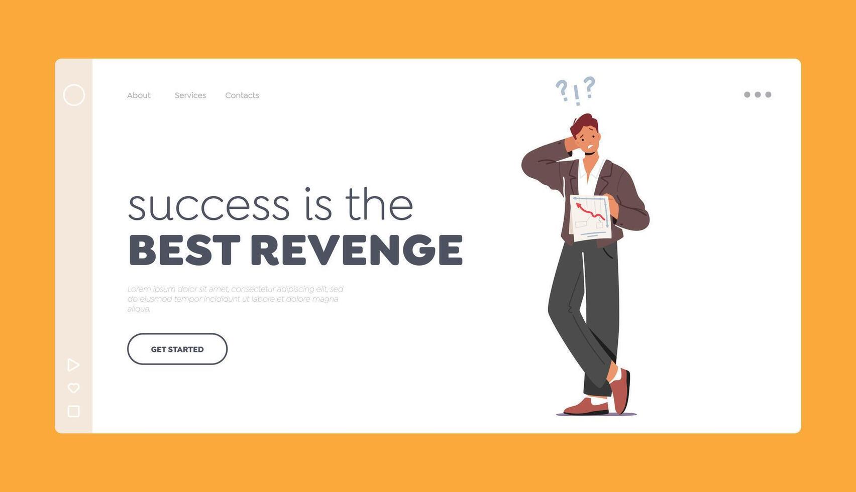 Success is the Best Revenge Landing Page Template. Confused Man Scratching Occiput Trying to Figure Out with Document vector