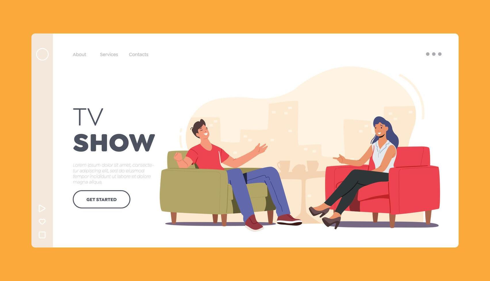 Talk Show Broadcast Landing Page Template. Host and Famous Guest Characters Chatting in Studio, Entertaining Tv Program vector