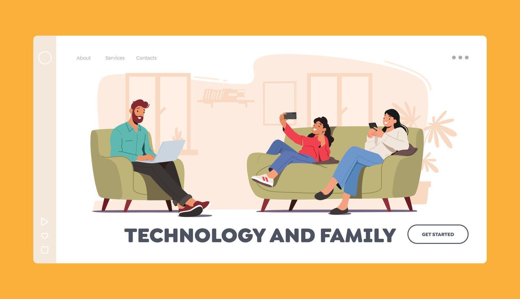 Technology and Family Landing Page Template. Characters Mother, Father and Daughter with Digital Devices Use Internet vector