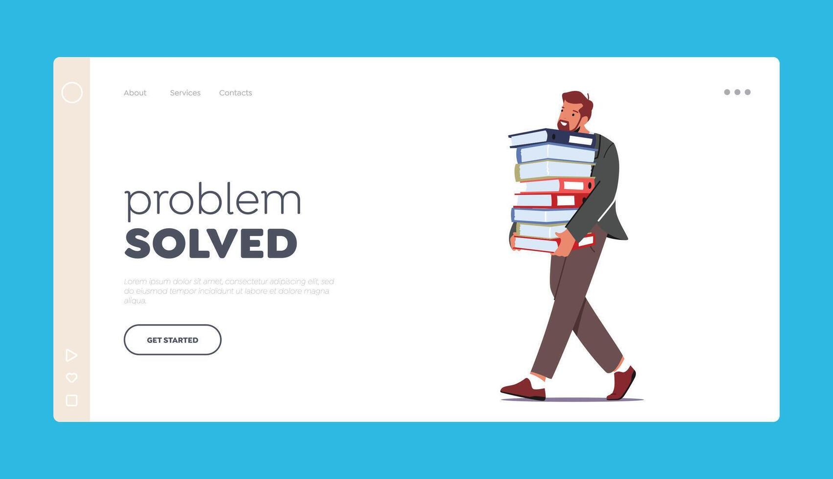 Problem Solved Landing Page Template. Overworked Businessman Carry Huge Steak of Documents Folders. Workaholic Character vector