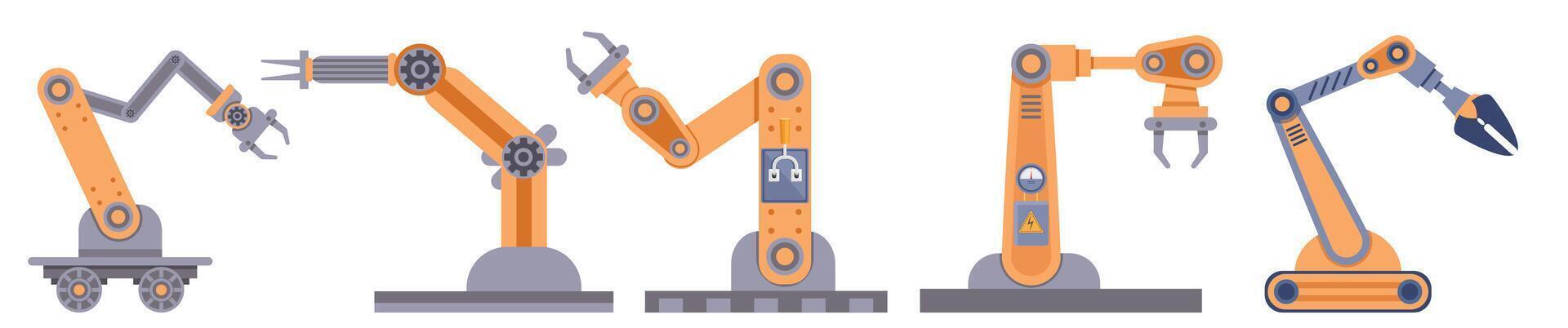 Set of Robotic Arms Design Elements Collection Isolated on White Background. Robot Hands, Industrial Manipulators vector