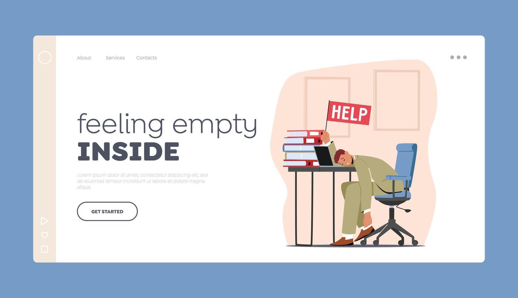 Overwork Landing Page Template. Tired Overload Businessman Lying on Desk with Help Flag in Hand and Heaps of Documents vector