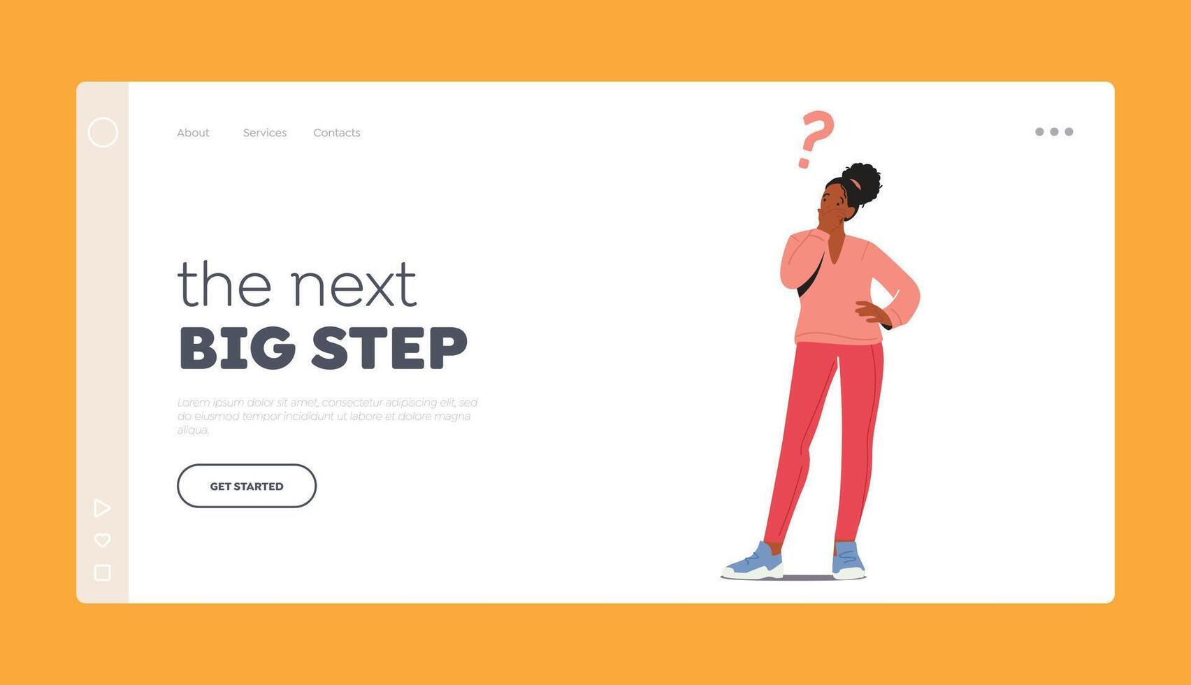 Doubts and Confusion Landing Page Template. Female Stand Under Question Mark Thinking Idea, Choose Right Solution vector
