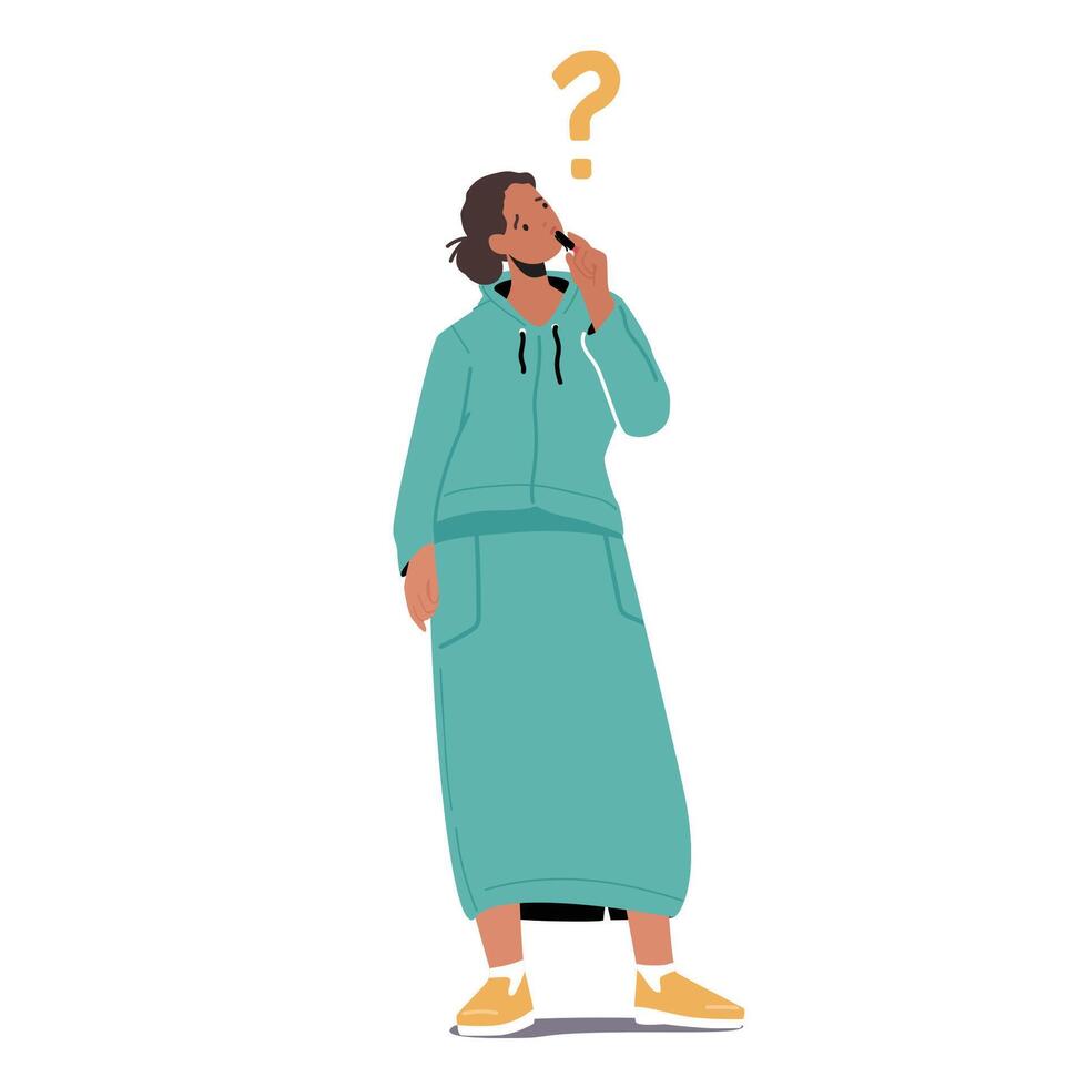Confused or Curious Female Character Stand Under Question Mark. Girl Asking and Thinking, Solve Problem Search Solution vector