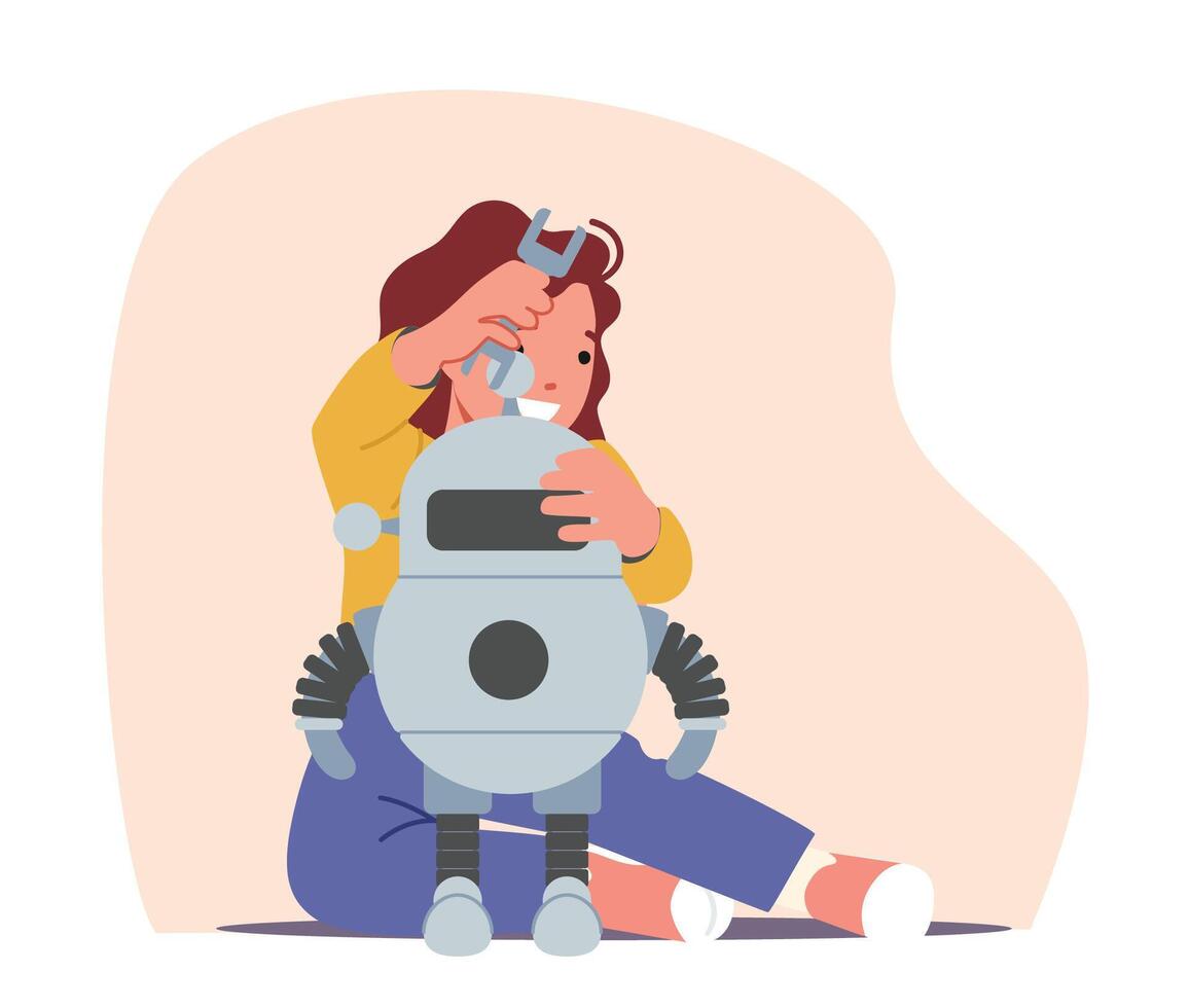 niño personaje disfrutando Ciencias lección, crear Ingenieria proyecto, programación inteligente robot a clase o taller vector