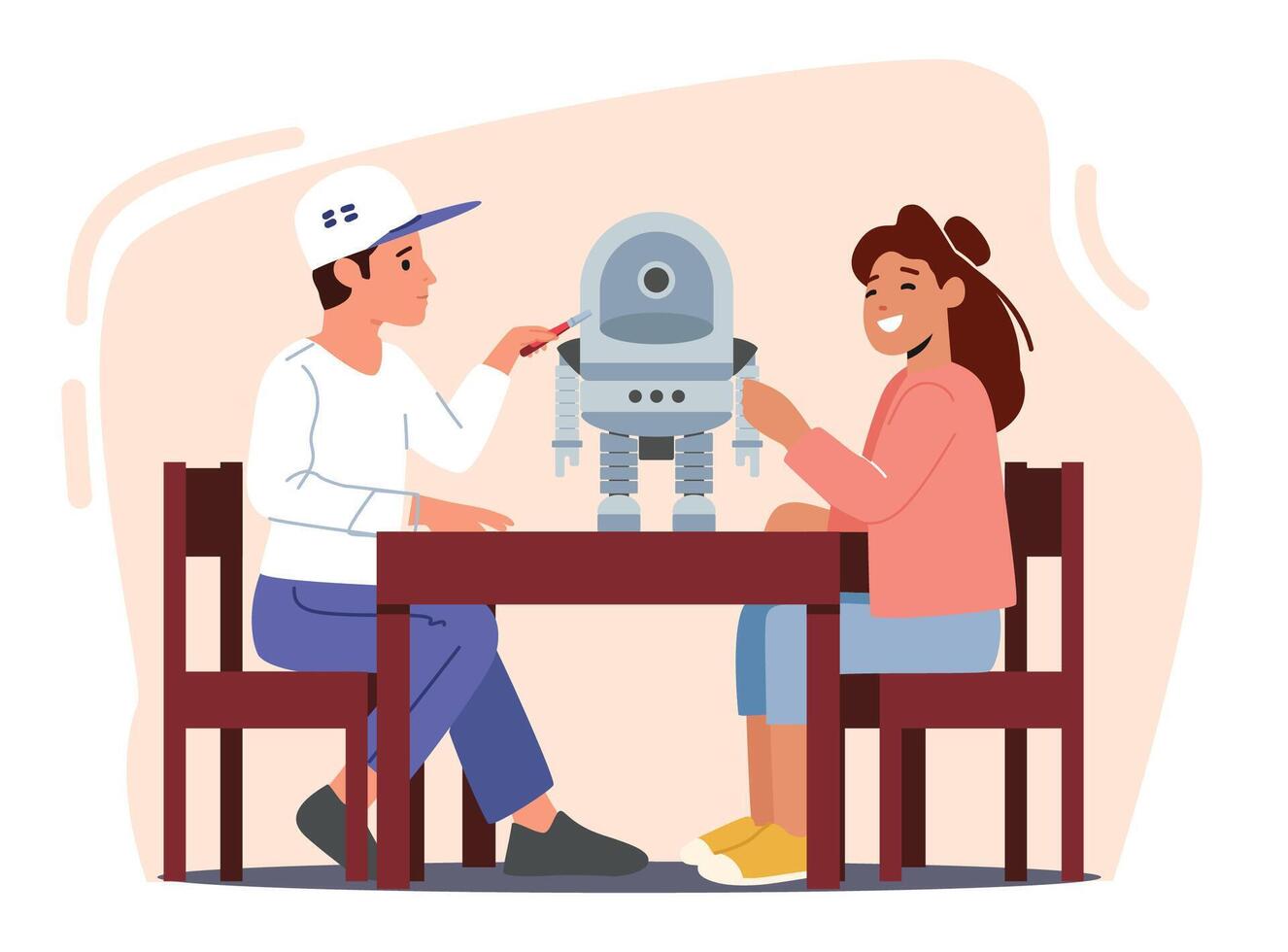 Children Characters Creating Ai Cyborg Using Different Tools, Presenting Humanoid Robot. Childhood Activity, Education vector