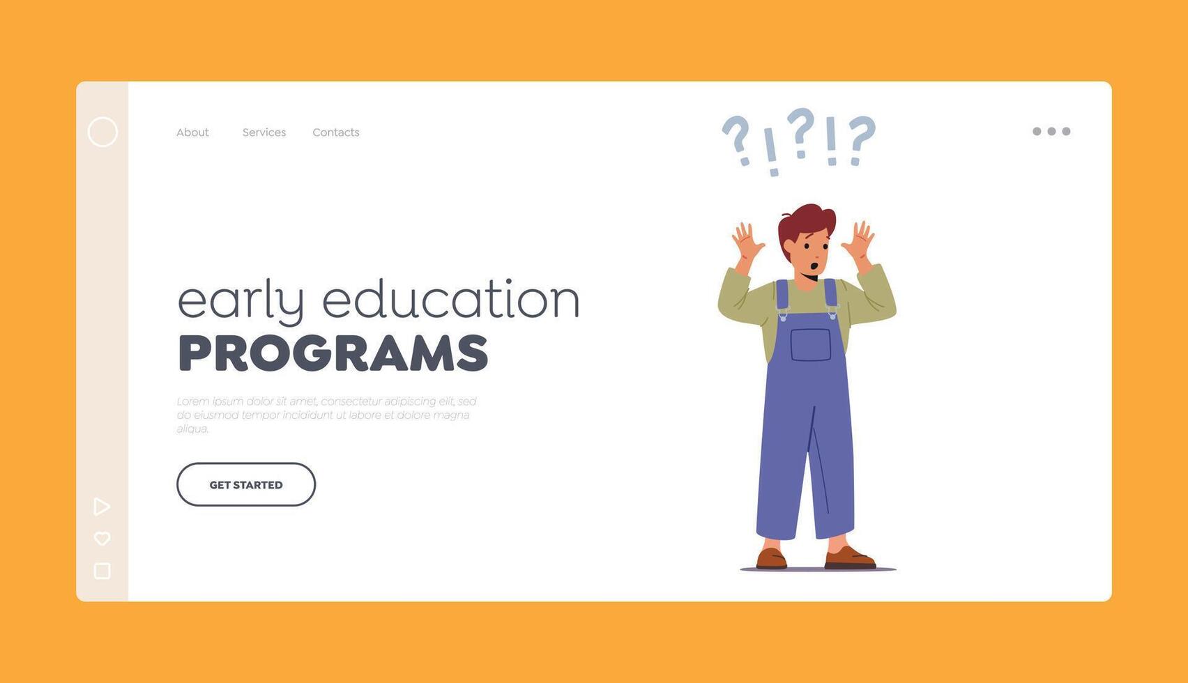 Early Education Program Landing Page Template. Surprised Child with Big Question and Exclamation Marks over Head vector