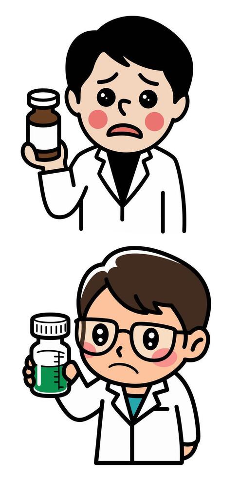 Scientists Holding Bottles with Concerned Expressions in Lab Coats vector