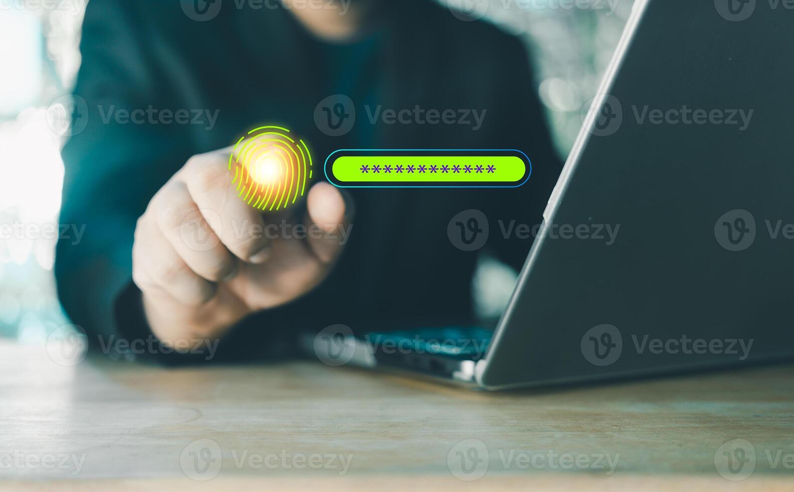 Man use fingerprint scanning for secure digital access with asterisks in box, login security and encryption concepts. photo