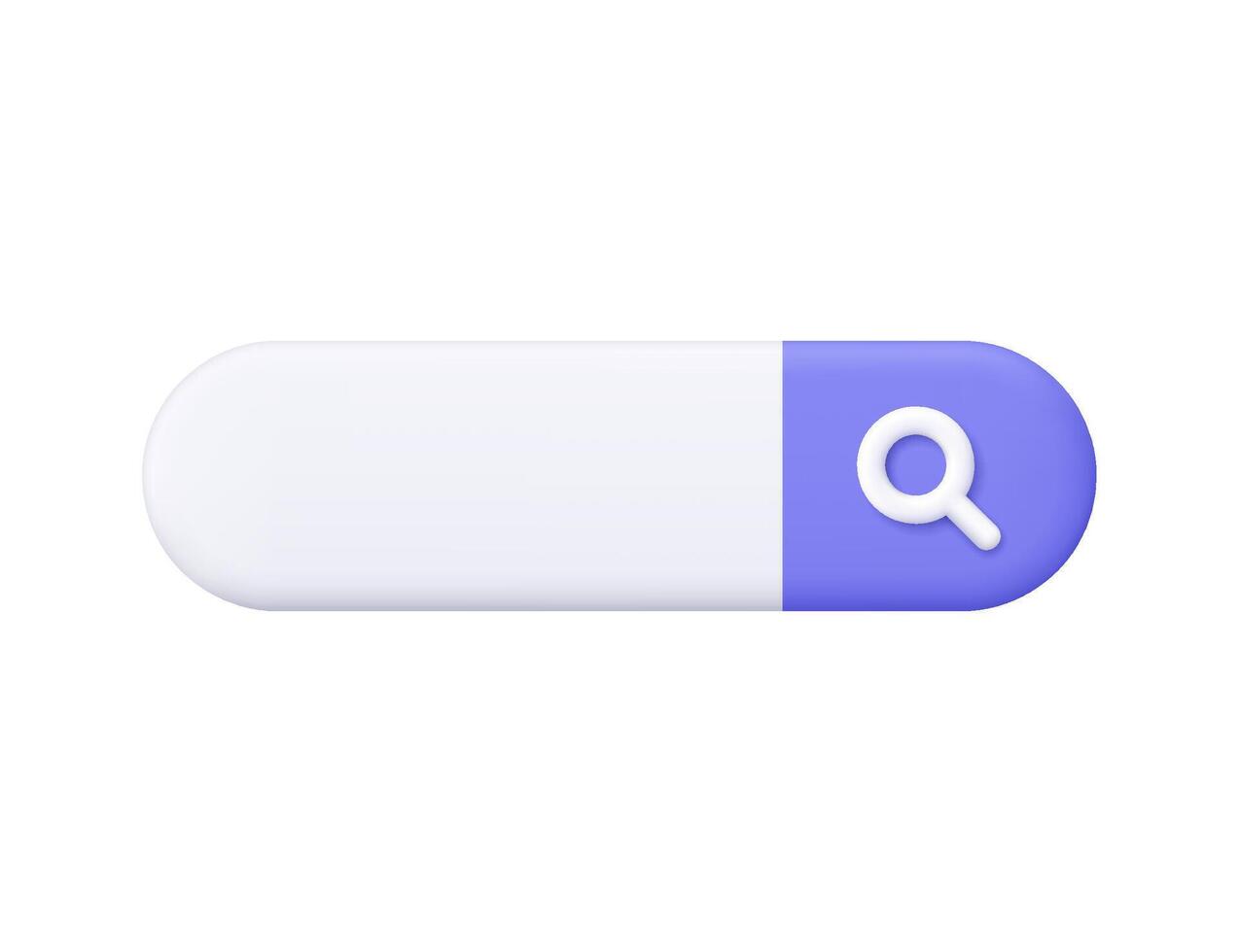 White and purple search bar with magnifying glass. Internet search, web browsing, online query, technology and user interface concept. 3d icon. Cartoon minimal style. vector