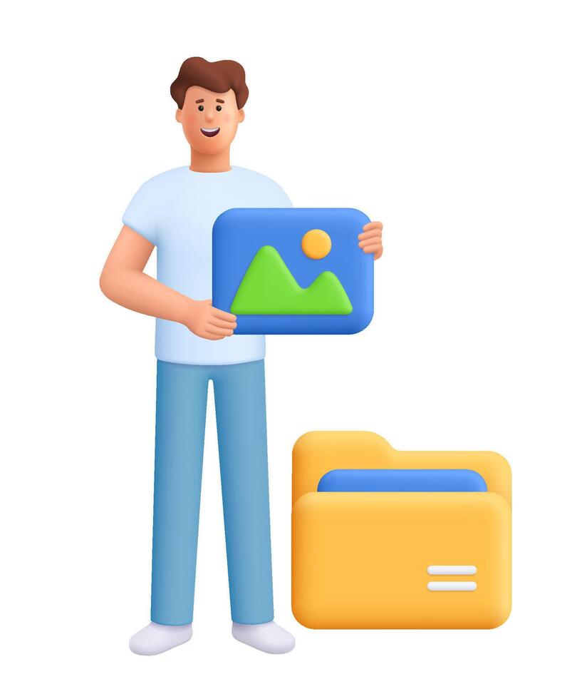 Young smiling man James holding picture image icon in front of large yellow folder. File storage, digital media management, digital content concept. 3d people character. Cartoon minimal style. vector
