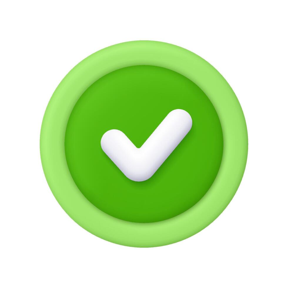White check mark on green circle badge. Done mark, yes or correct sign. Approval, success, notification and confirmation concept. 3d icon. Cartoon minimal style. vector
