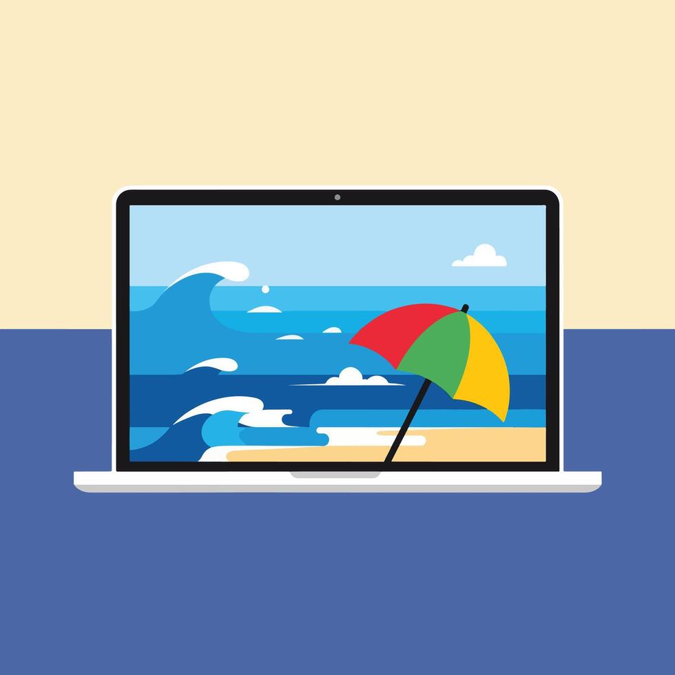 Laptop displaying a colorful beach scene with waves and umbrella vector