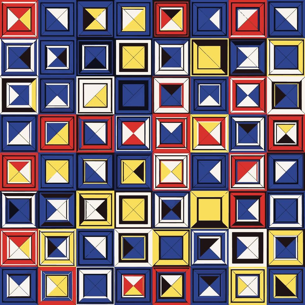 Colorful abstract geometric pattern of squares with various internal shapes and designs, seamless pattern, Stock royalty image. vector