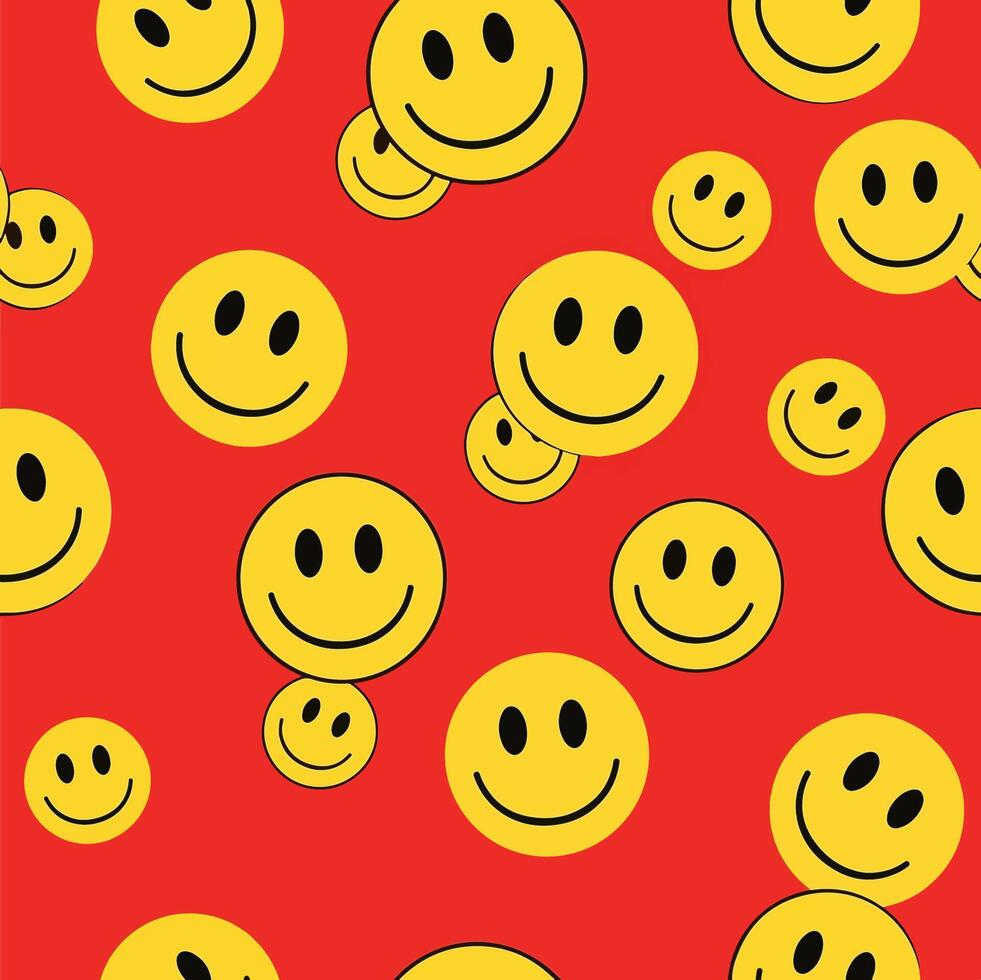 Cheerful yellow smiley face pattern design on a vibrant red background for a joyful feel, seamless pattern, Stock royalty image. vector