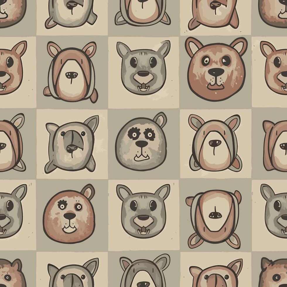 Charming cartoon bear face pattern design with neutral colors and a repeating grid layout, patern seamless, Stock royalty. vector
