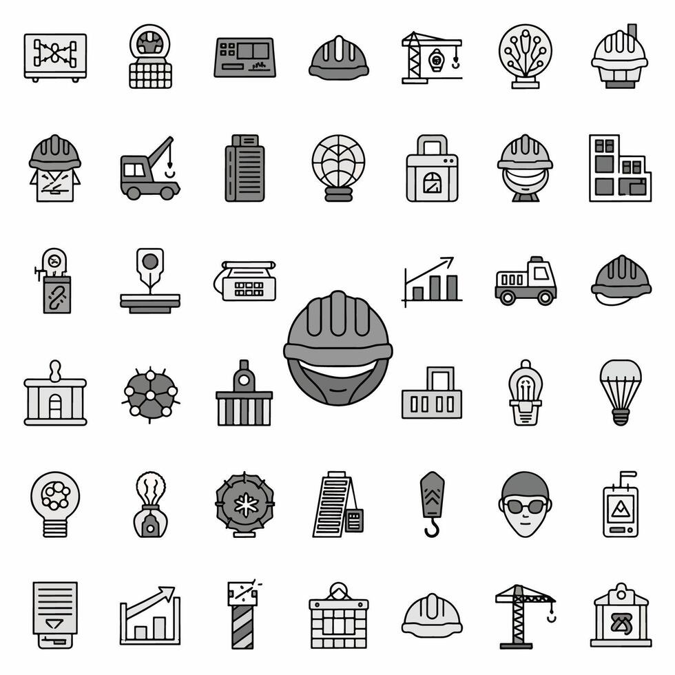 Collection of construction and industry icons representing diverse elements of engineering and building processes vector