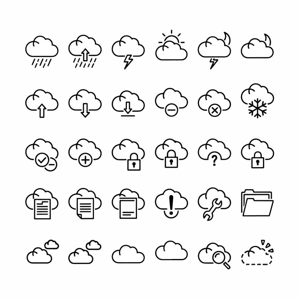 Collection of Cloud Icons Representing Weather Conditions, Data Storage, Security, and System Operations vector