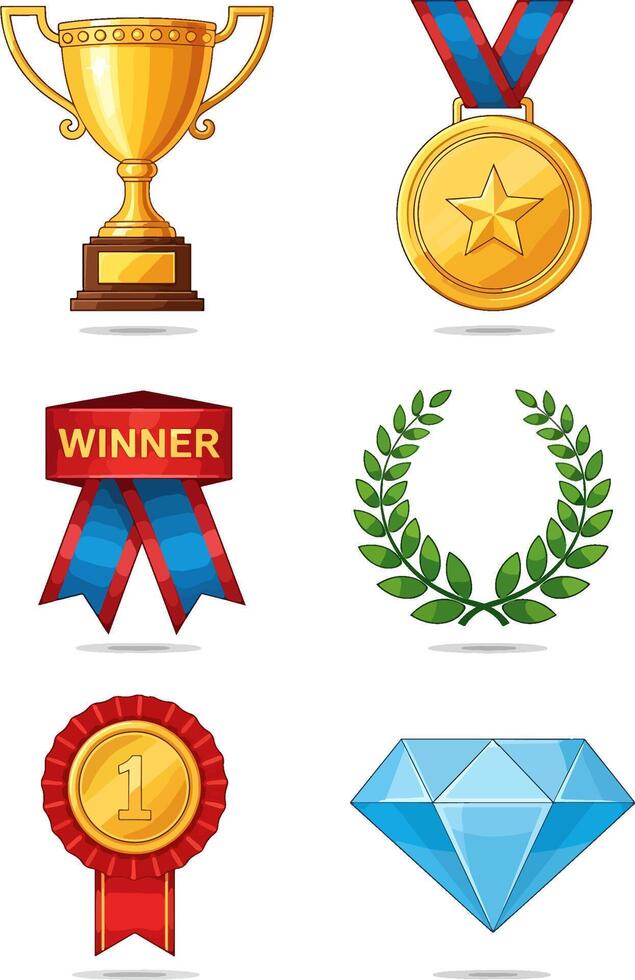 Golden Trophy with Star Medal, Winner Ribbon, Laurel Wreath, Rosette and Diamond Icon Set, Award and Achievement Symbols vector