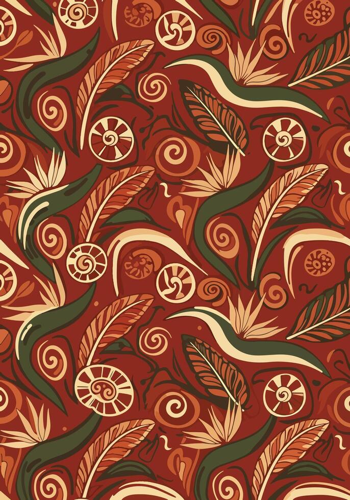 Decorative seamless pattern with stylized flowers, feathers, and spiral elements on a red background vector