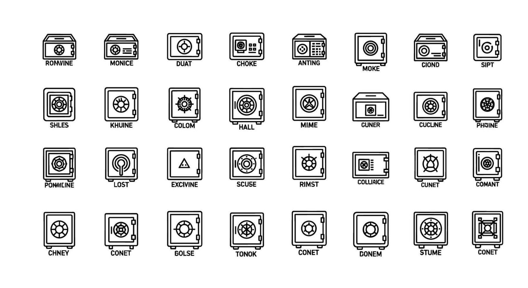 Set of 35 Line Icons Representing Various Types of Safes and Security Lockers, Clean and Modern Design Elements vector