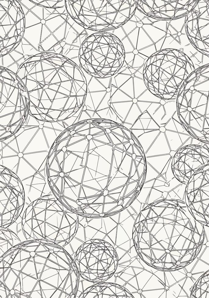 Intricate line art illustration featuring interconnected spheres and a complex network pattern design. vector