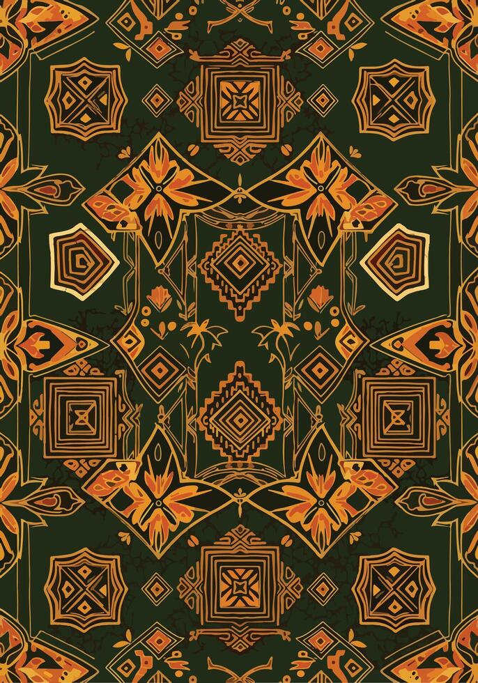 Intricate geometric pattern design with symmetrical elements in warm orange and dark green tones vector