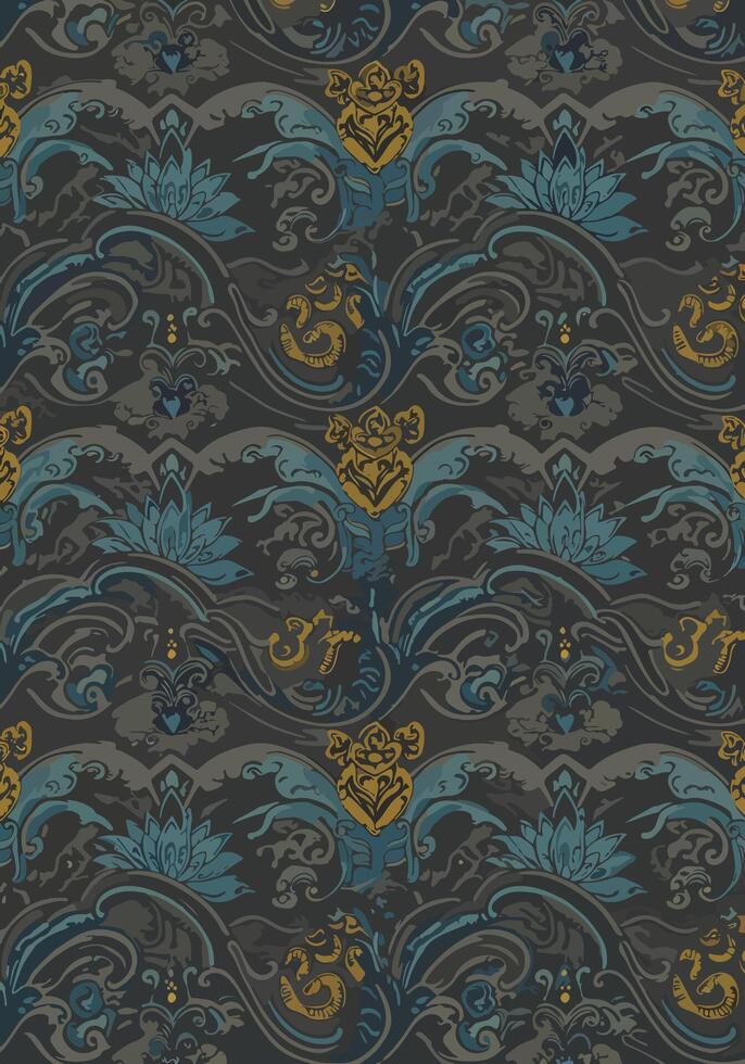 Intricate floral pattern design with a dark background and decorative elements creating an ornate look vector