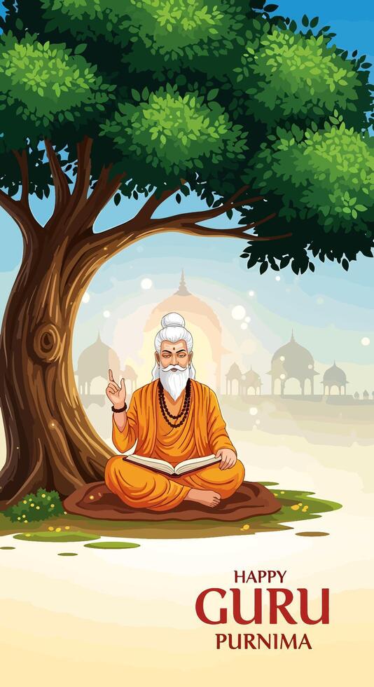 Happy Guru Purnima Celebration with a Wise Guru Reading a Book Under a Tree with Temples in Background vector