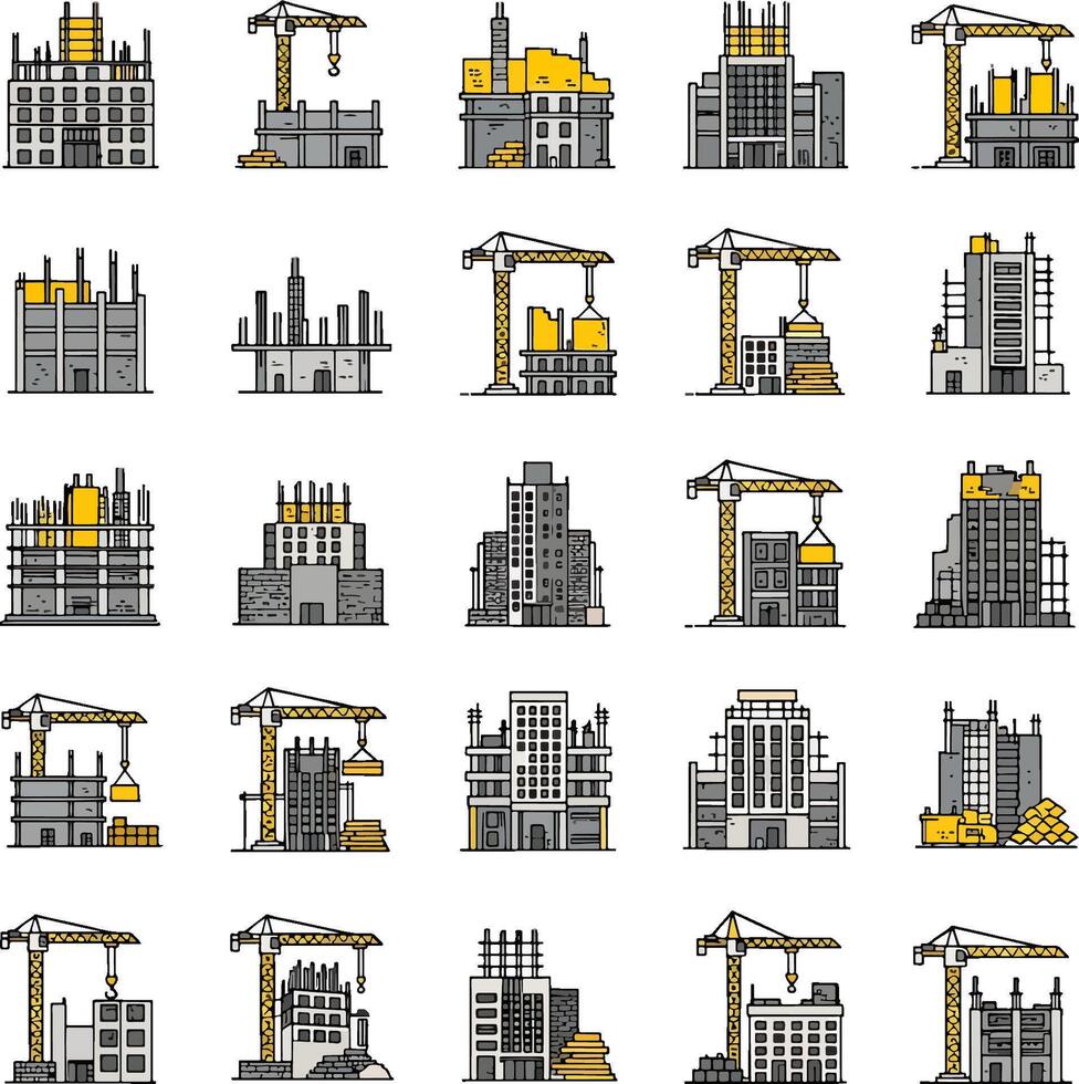 Construction buildings and cranes under development with scaffolding and unfinished structures, illustration vector