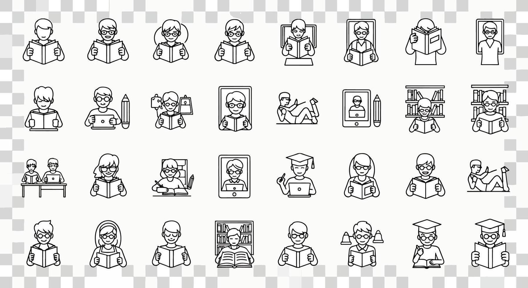 Collection of diverse people reading books and studying icons, representing education, knowledge, and learning on a white background vector
