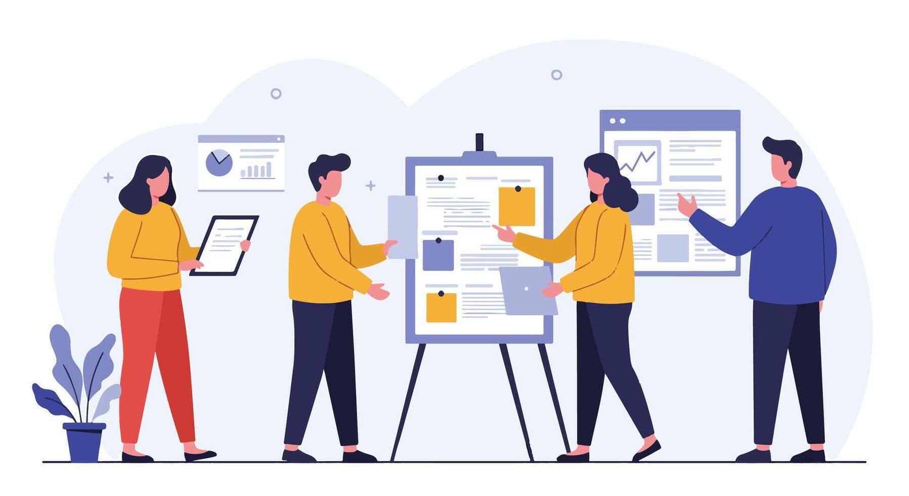 Team of professionals collaborating on a presentation with charts and graphs to analyze data vector
