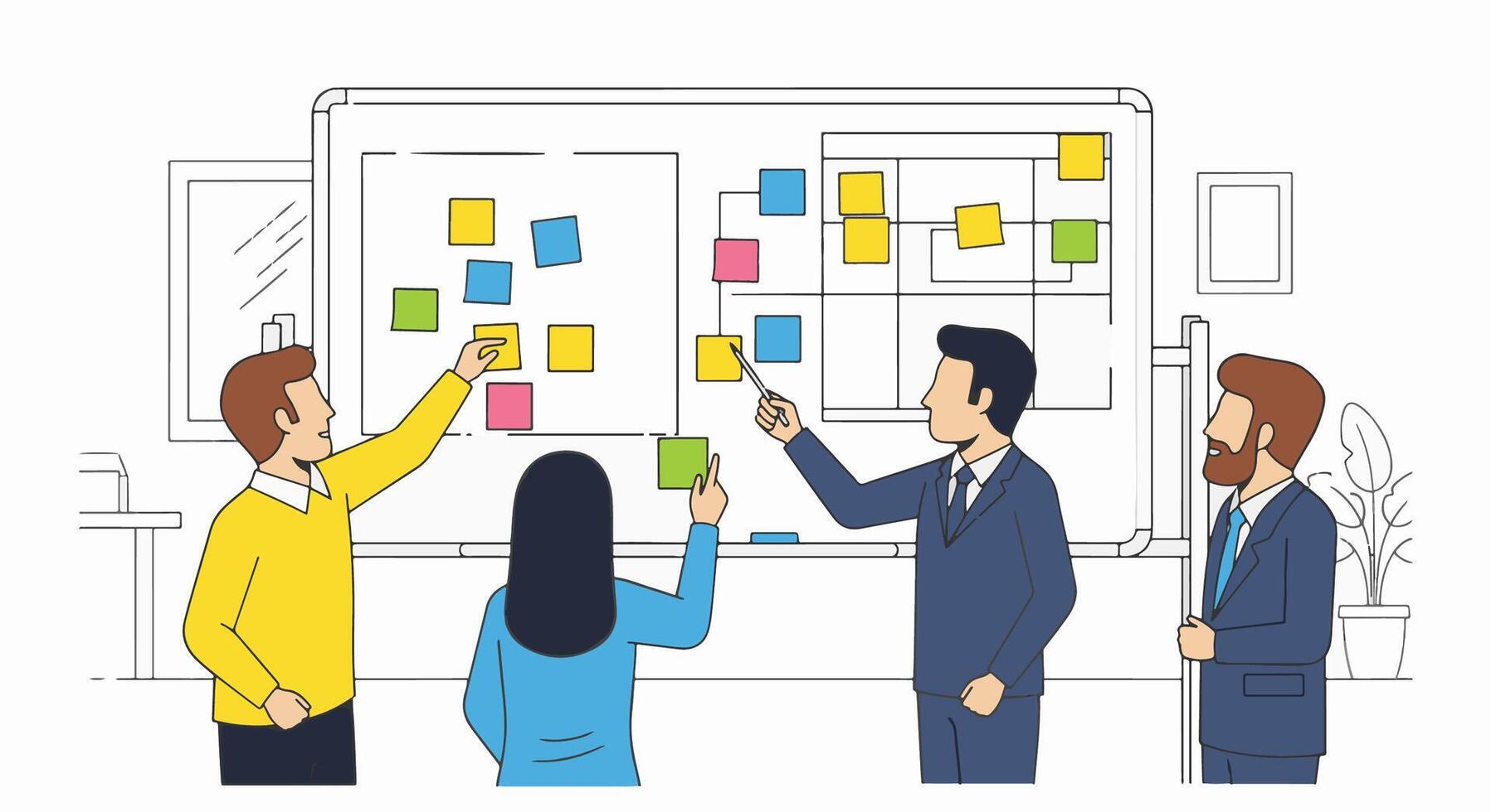 Team of professionals brainstorming ideas and working on a project together on a whiteboard vector