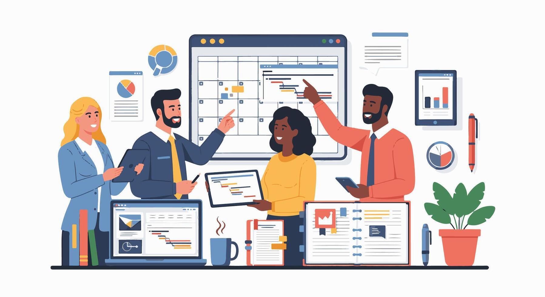 Team of diverse professionals collaborating on a project with digital devices and planning tools vector