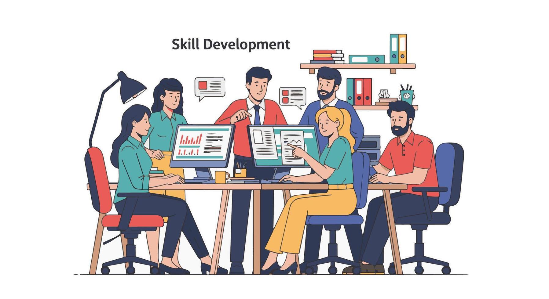 Skill development illustration depicting a team of colleagues collaborating and discussing project details vector