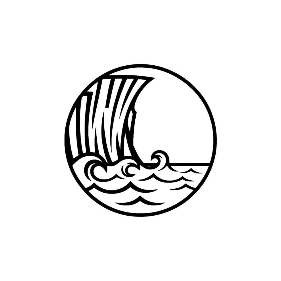 Stylized illustration of a Viking ship sailing through rough seas within a perfect circle featuring a detailed sail and dynamic waves vector