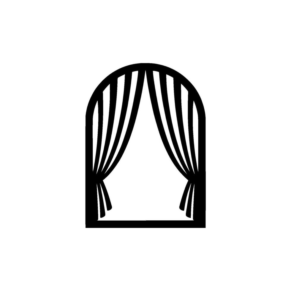 A minimalist silhouette illustration of an arched window frame with open drapes revealing an empty space vector