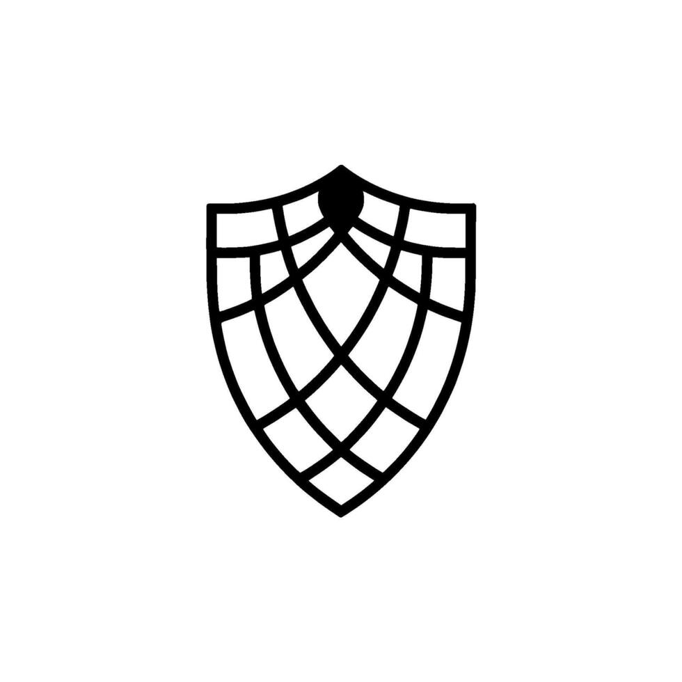 A stark geometric abstract resembling a stylized shield or crest featuring intersecting curved lines and a central dark circular element vector