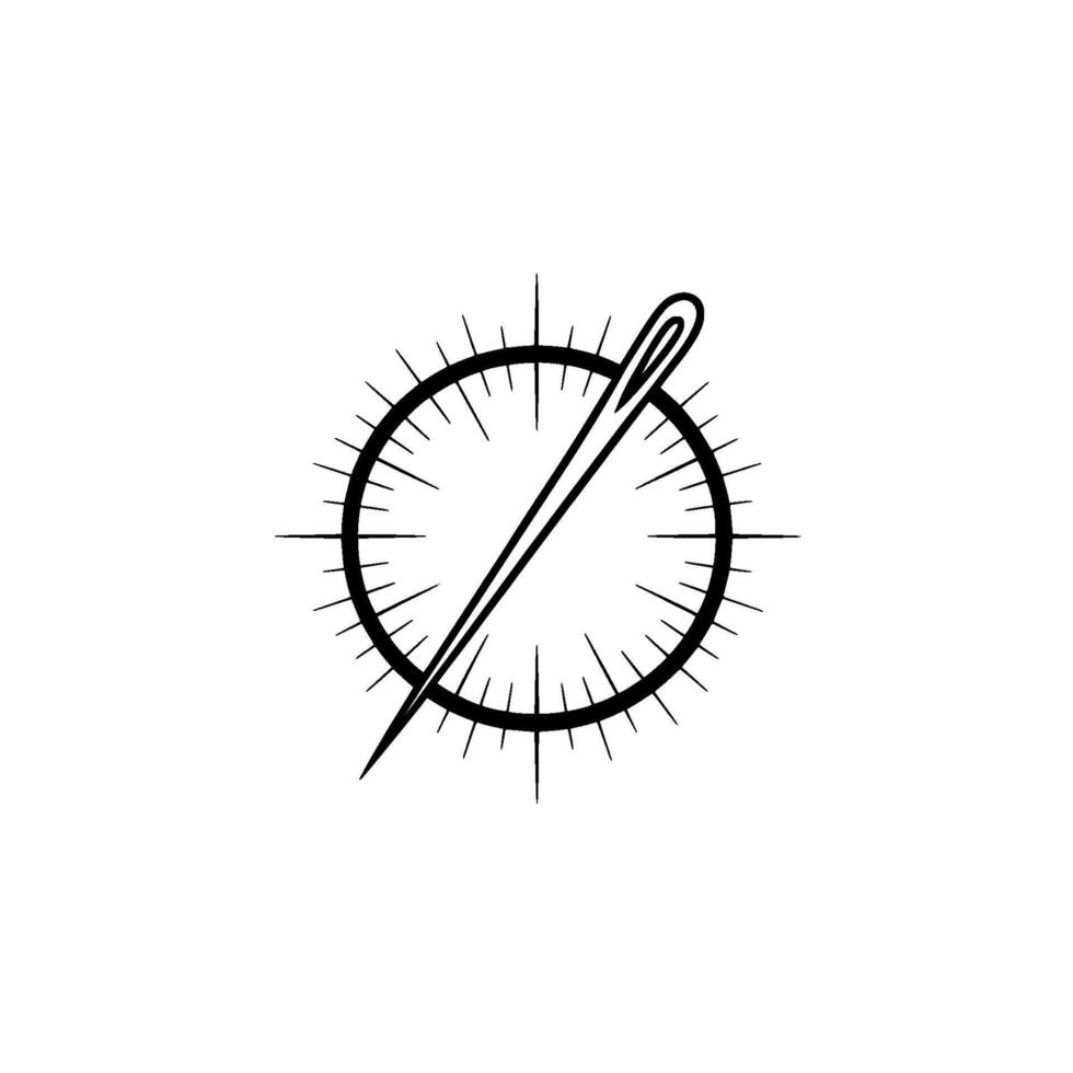 Stylized illustration of a sewing needle piercing through a circular radiating sunburst motif with sharp linear rays vector