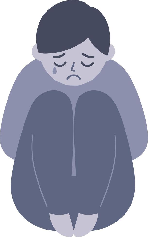 Minimalist Flat Illustration of Depressed Person Hugging Knees Emotion Concept vector