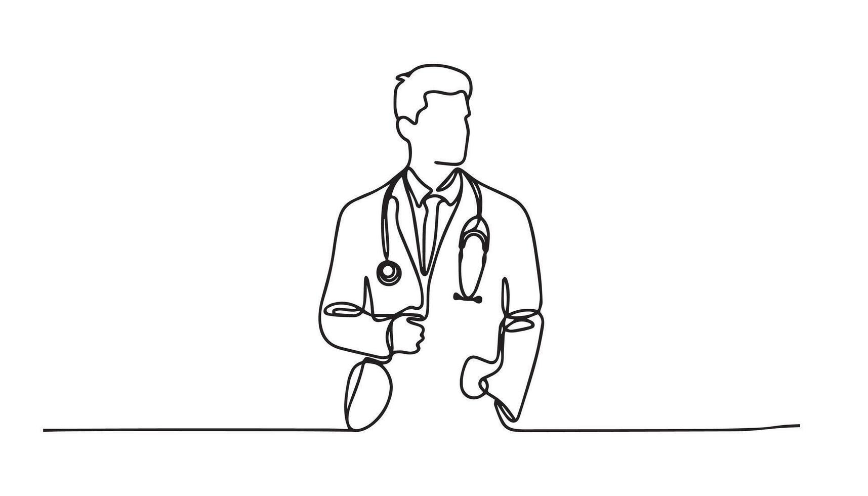 continuo línea dibujo de un médico en pie en frente de un mesa vector
