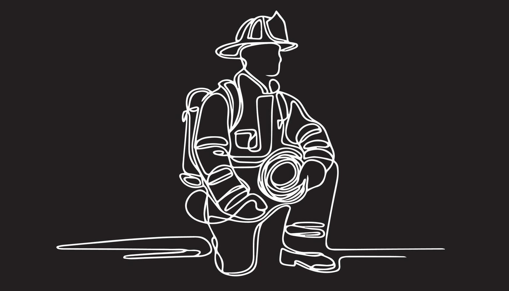 continuous line drawing of a firefighter with a hose vector