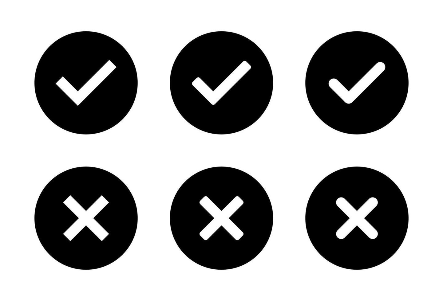 Check and cross mark icon set in black circle. Tick and X symbol. Correct and incorrect sign vector