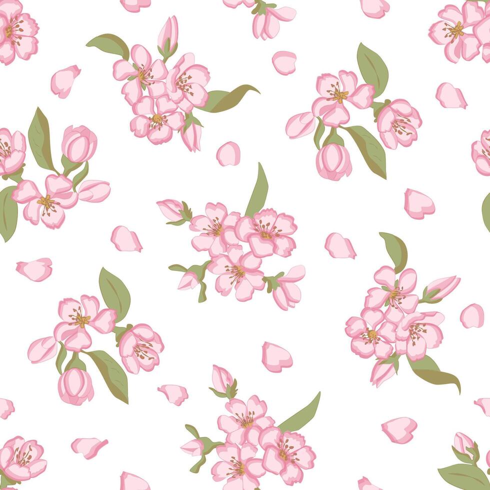 A pattern of blooming sakura and floating petals with soft lines and pink gradients. Dynamic design for textiles, packaging, digital backgrounds. Lightness and motion in every detail. vector