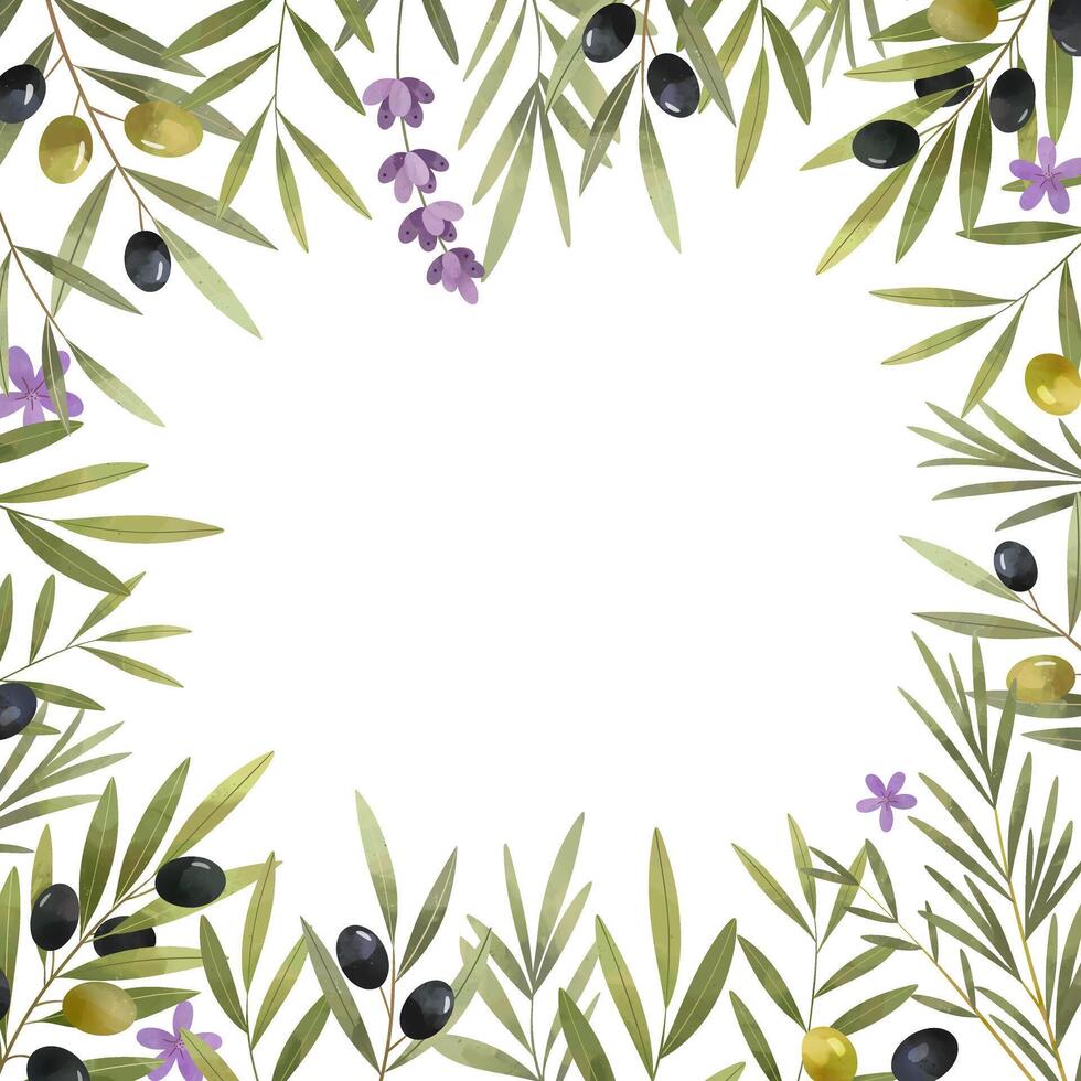 Botanical olive square frame. Watercolor herbs and lavender. Botanical border with empty text area. vector