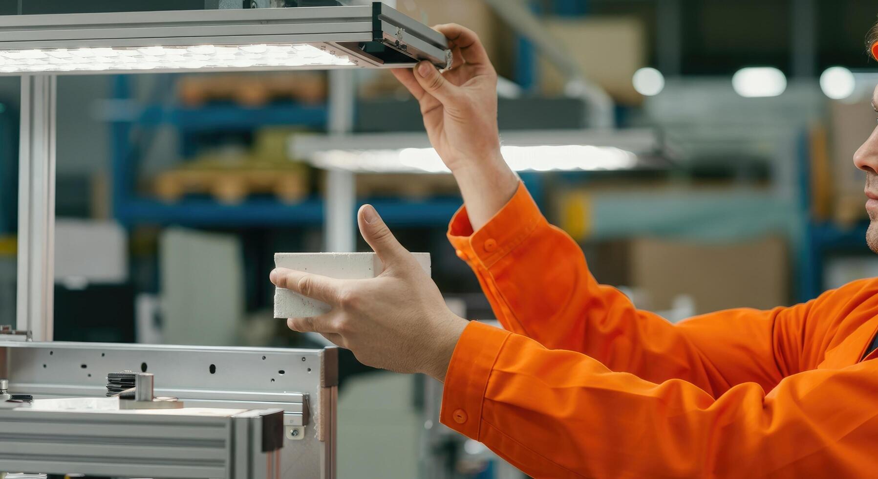 Man in orange jacket working on assembly line factory setting, focusing quality control of components photo