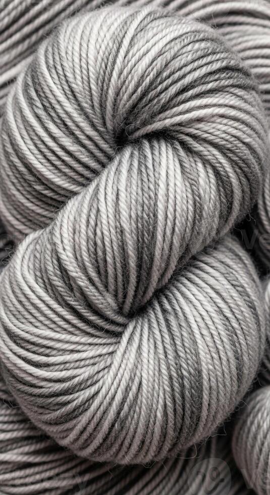 Close up of a skein of variegated yarn with a marbled pattern of grey and white fibers creating a textured effect photo